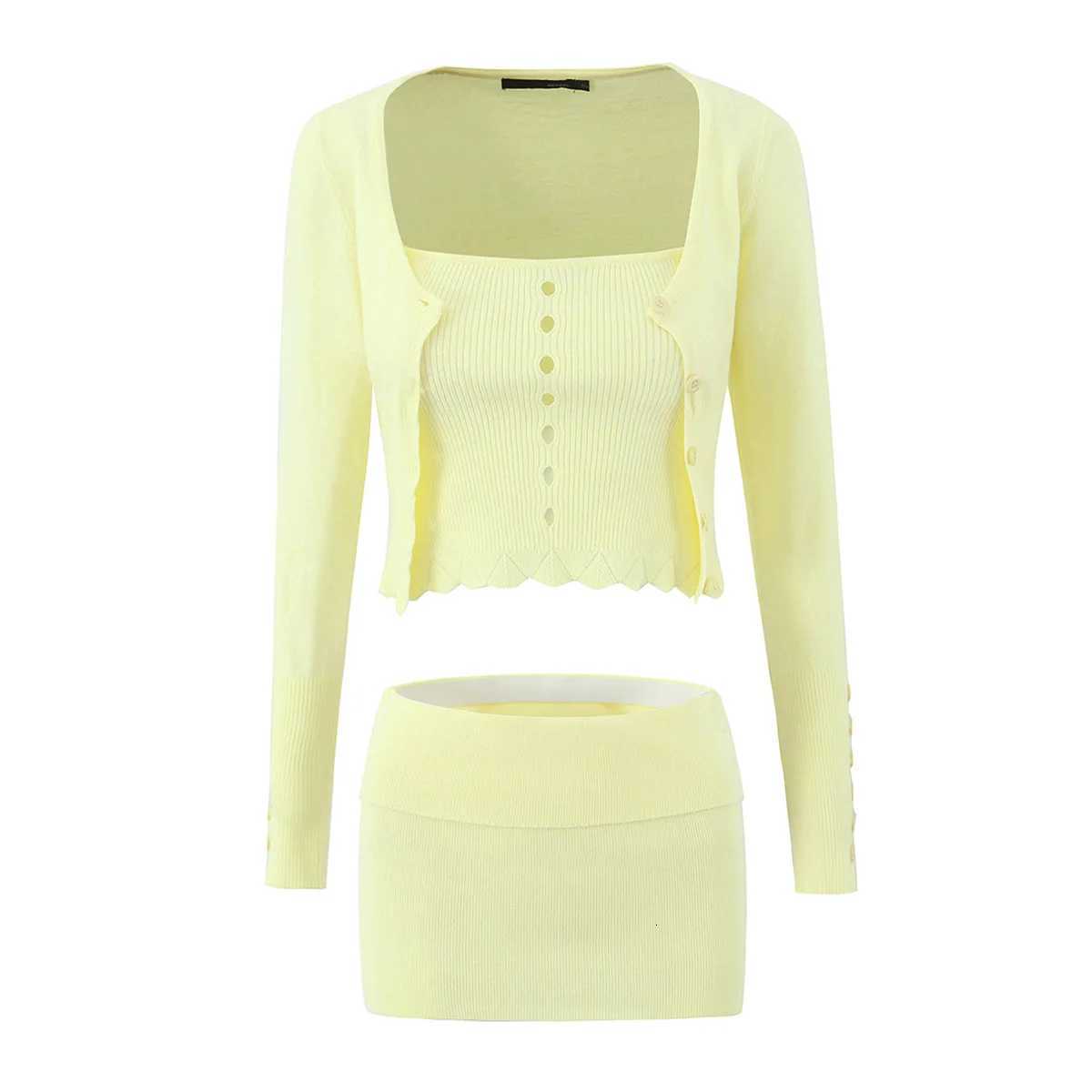 2024 Sexy Yellow Hollow Out Hole Knitted Cardigan Tank Top Elastic Low Waist Mini Skirt Korean Style 3 Pieces 1 Set Black X2507241