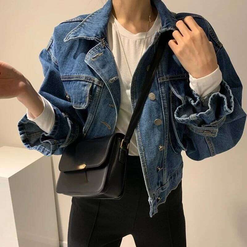 Fall New Fashion Casual Denim Coats Turn-down Collar Single Breasted Crop Jackets Women Chic Patchwork Long Sleeve Outwears