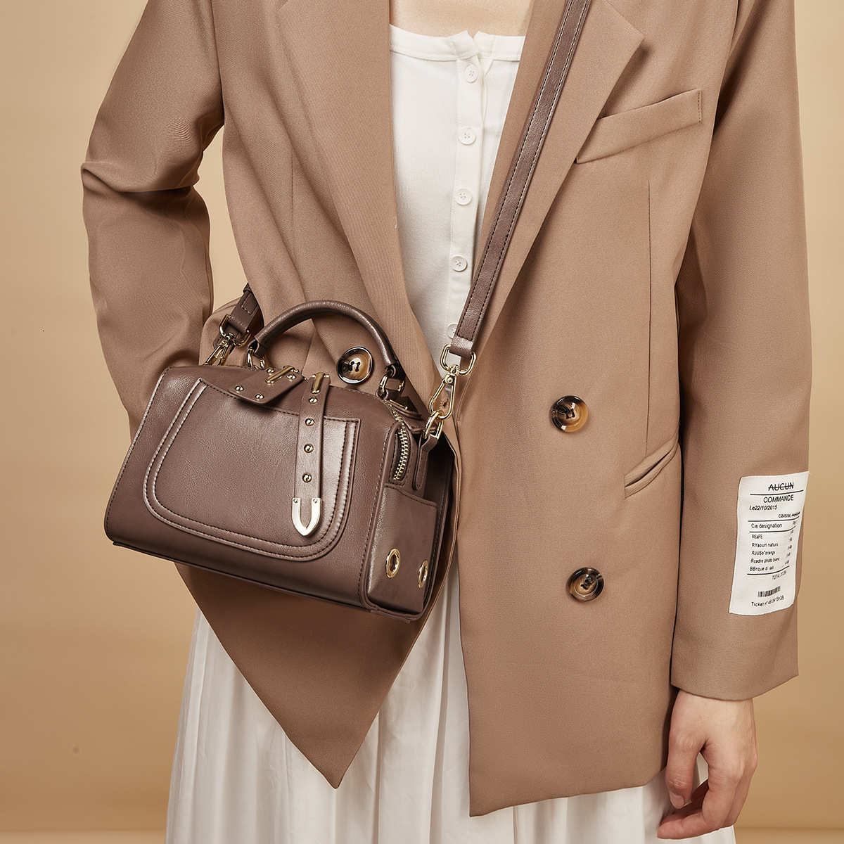 Designer Genuine Leather for Women 2025 Portable New Handbag Elegant Boston Studded Crossbody Trendy Light Luxury Women's Bag