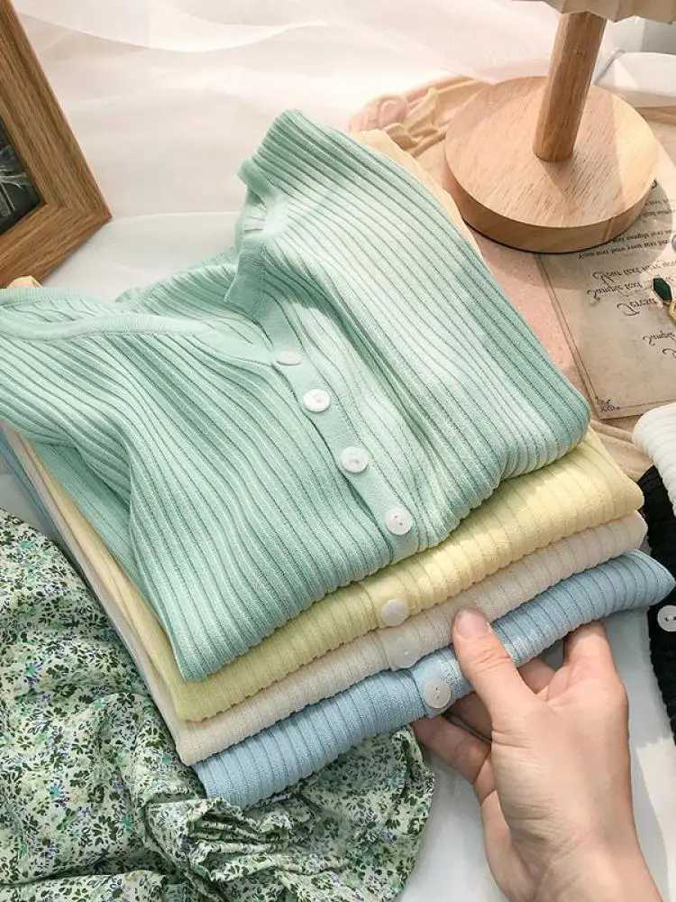 Thin Cardigan for Women Summer Cropped Cardigan Button V Neck Short Sleeve Knitted Top Slim Sweater Tops Womens Knitwear 2024 X250724