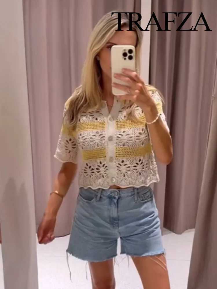 TRAFZA Female Summer Fashion Lapel Jacquard Mesh Knitting Half Sleeve Striped Cardigan Women Single-Breasted Sweater Casual Top X250724
