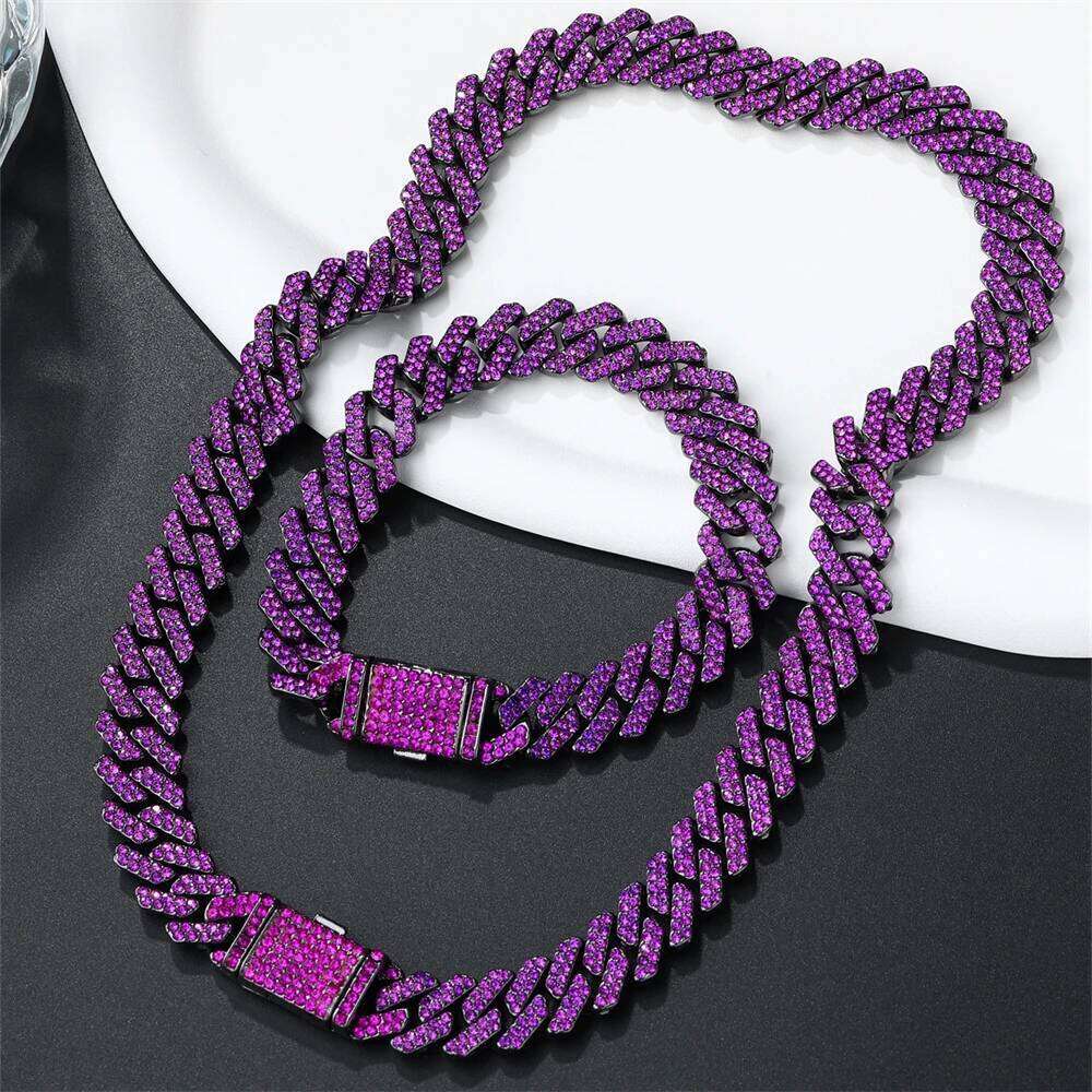 12MM Rhombus Prong Cuban Link Chain 2Row Purple Iced Out Rhinestones Rapper Necklaces Bracelet For Men Women Choker Jewelry