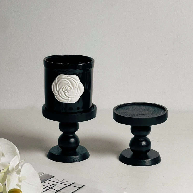 Luxury French Camellia Black Ceramic Mug Aromatherapy Cup Coffee Mugs Home Decoration Candle Wooden Holder Household Ornaments 250724