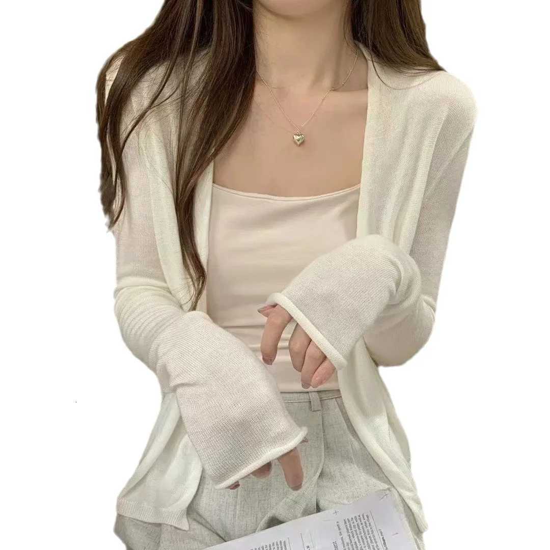Korean Style Womens Fling Knitted Cardigan Summer Thin Air Conditioning Shirt Versatile Solid Color Basic Sun Protection Jacket X250724