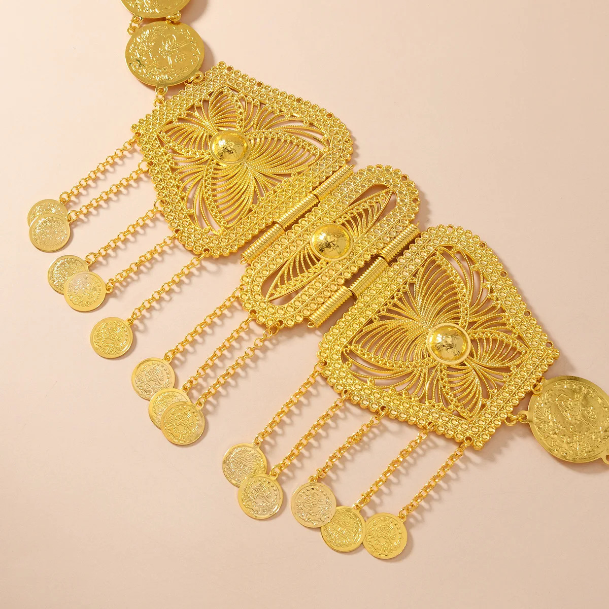 Cross-border Middle East waist jewelry fashionable gold alloy hollow carved coins tassel waist chain clothing accessories 250722