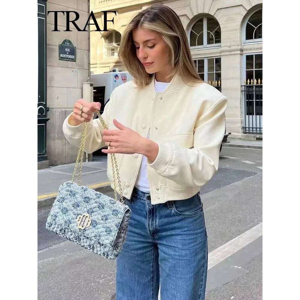 TRAFZA Women Vintage Solid Long Sleeve Bomber Jacket Casual Coats Streetwear Female Elegant Lapel Zipper Jakcet