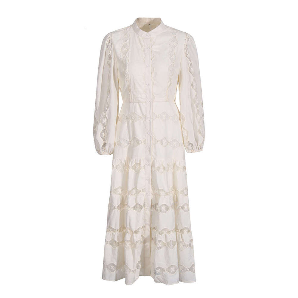 White Skirt Maxi Skirt French Court Style Long Summer New Fashion Stand Collar Lantern Sleeve Embroidered Printed Hollow Out Dress For Women Long Skir