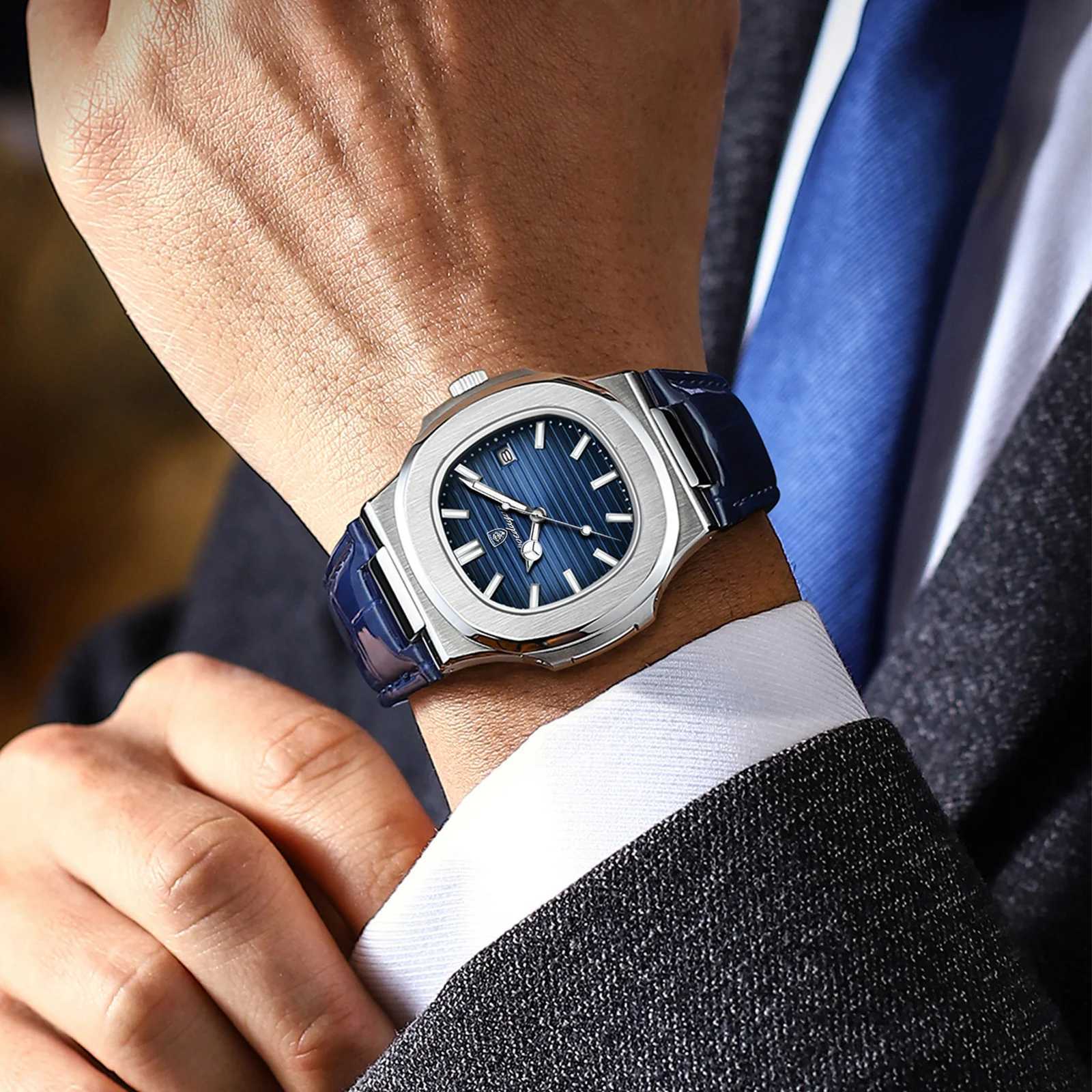 POEDAGAR Luxury Brand Square Watches For Man Waterproof Luminous Date Quartz Mens Watches High Quality Leather Sports Men Watch W250724