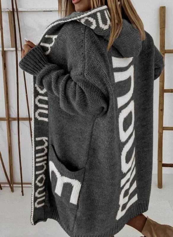 Womens Long Hooded Cardigan Knitted Coat Letter Pattern Knitwear Vintage Long Knitwear Loose Monochromatic Casual Sweater X250724