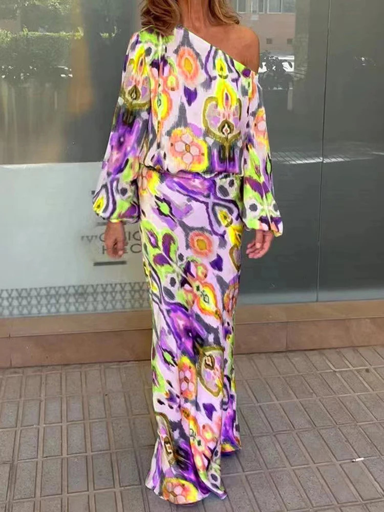 Autumn Casual Loose Print Two-piece Women Off Shoulder T-shirt Asymmetrical Long Sleeved Top And Half Body Fishtail Skirt Set 250724