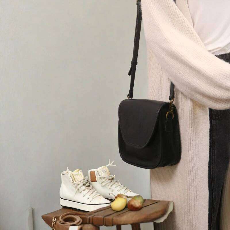 Handmade Top Layer Cowhide Vegetable Tanned Leather Crossbody Shoulder Bag, Artistic Retro French Japanese Vintage Saddle Bag