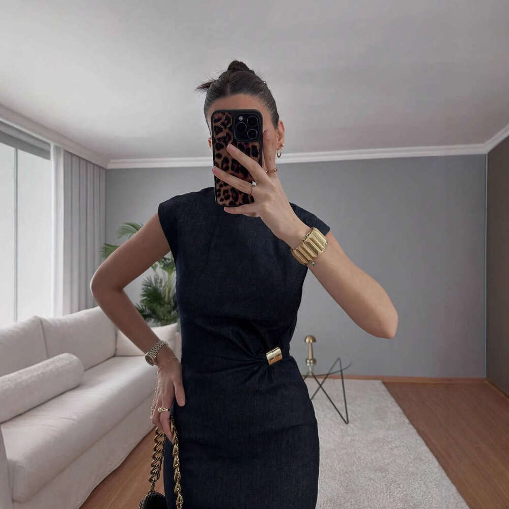 TRAFZA Spring Summer New Style Women's Fashionable Elegant Gold Embellished Denim Dress B5