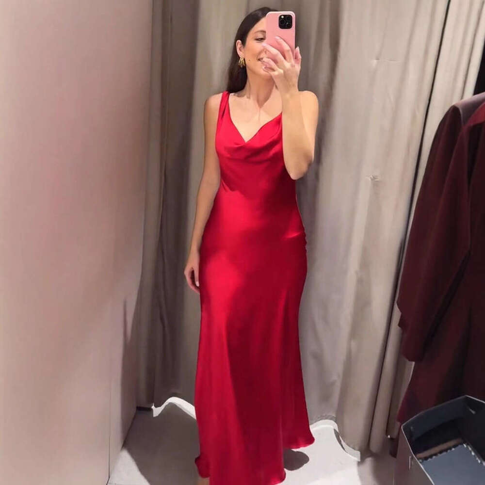 TRAFZA Spring Summer Fashion Women's New Style Swing Collar Silk Satin Texture Backless Long Dress B5