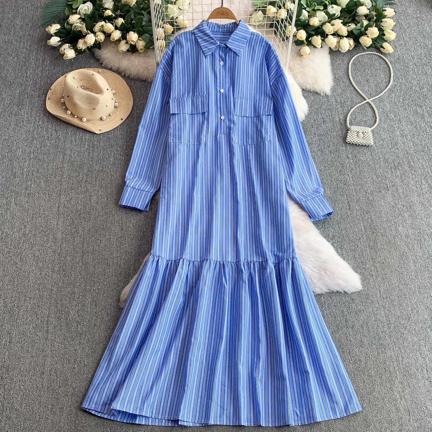 D3180 Summer Large Size Striped Lapel Long Sleeve Shirt Dress Women's New Single-Breasted Design Pleated