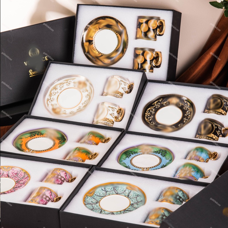 Designer Gold Mug Set 2 Cup 2 Plate Gift Box Home Bone Porcelain Coffee Cup Milk Cup Kitchen Utensil Cup Plate Set
