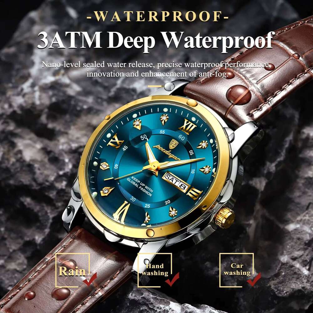 DHgargets POEDAGAR Fashion Elegant Week Waterproof Luminous Men Wristwatch Leather Strap Reloj Men's Watch for Man