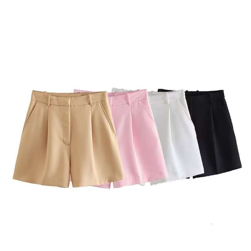 TRAFZA Spring Summer New Women's Versatile High Waist Solid Color Pleated Wide Leg Casual Shorts B5