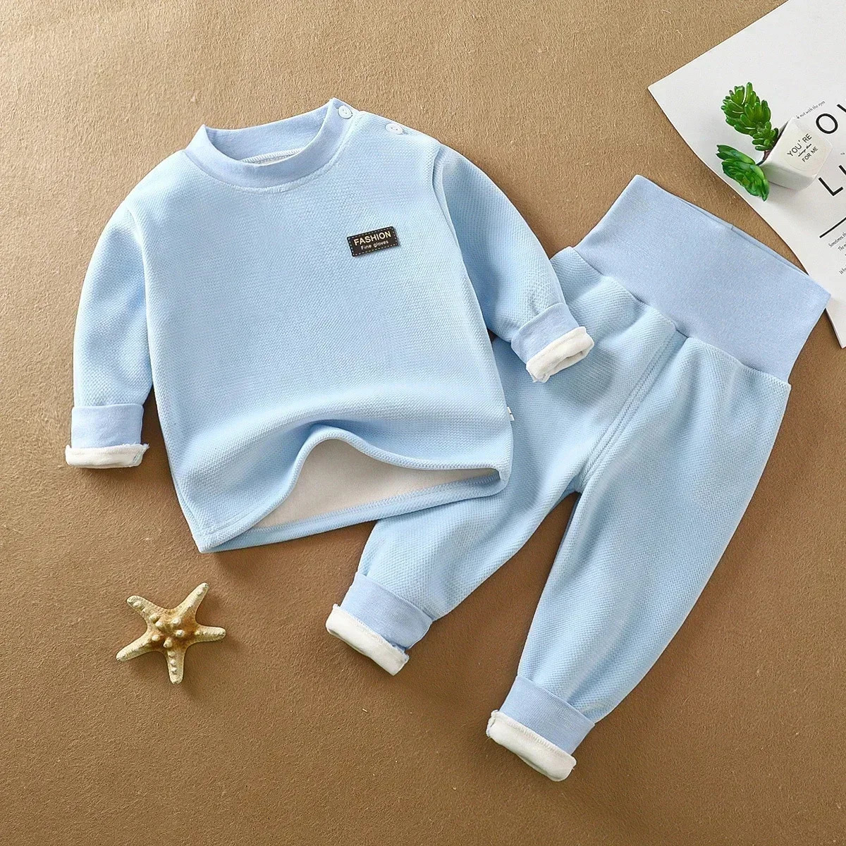 Warm underwear set for autumn and winter babies thickened high waist and belly protection baby casual childrens clothing 250724