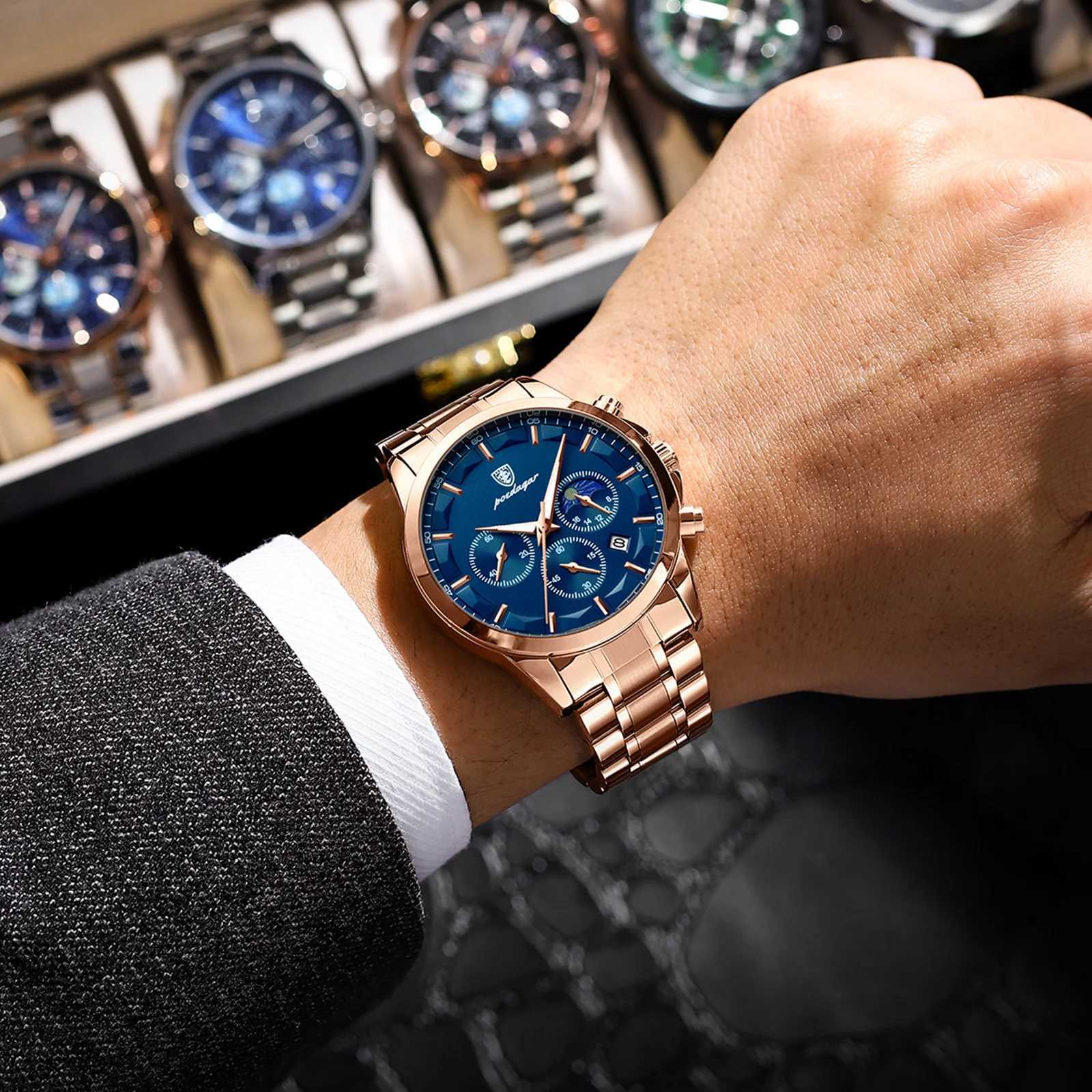 POEDAGAR Luxury Mens Wristwatch Military Waterproof Luminous Chronograph Mens Watch Stainless Steel Mens Quartz Watches + Box Reloj W250724