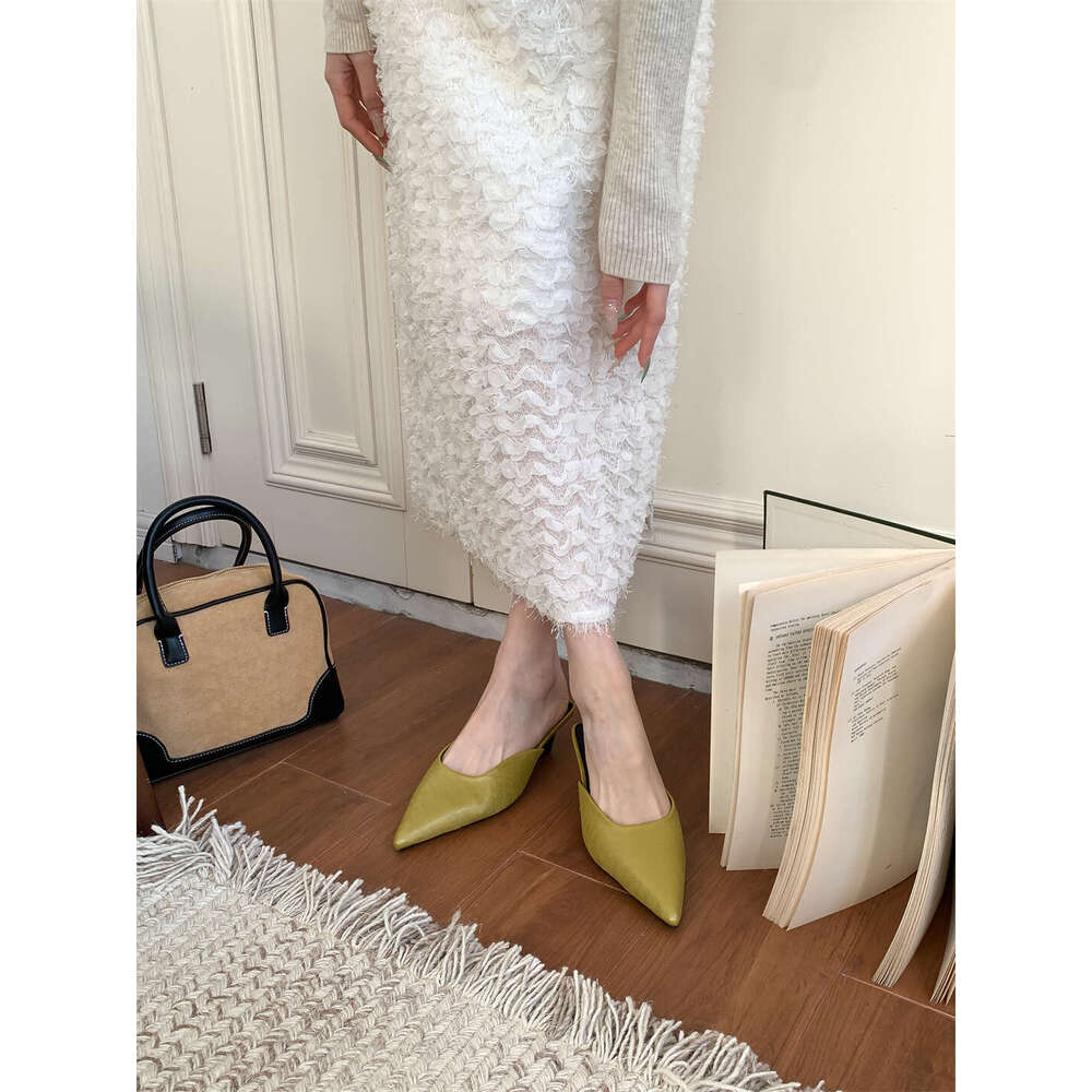 Designer 2025 Spring New Low Heel Mules Closed Half Slippers Outdoor Wear High-end Korean Style Pointed Toe Casual Shoes