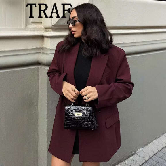 TRAFZA Autumn Winter Women's Fashion Elegant Burgundy Blazer Double-Breasted Jacket For Women B5