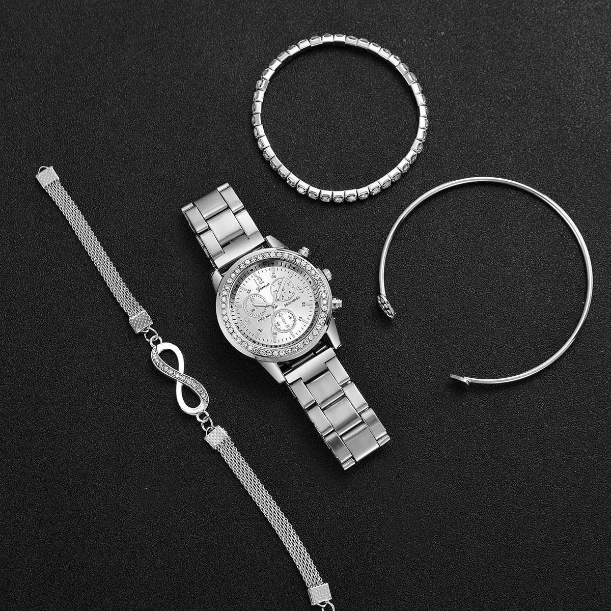 4PCS/Set Fashion Rhinestone Womens Watch Stainless Steel Band Quartz Watches Silver Bracelets Set W250724