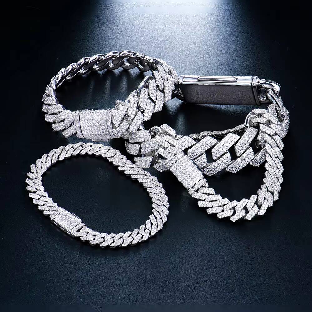 8/10/12/14mm S925 Sterling Silver Hip Hop Diamond Link Bracelets Sparkling Real Full Moissanite Cuban Chain Bracelet