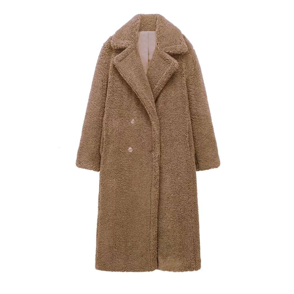 TRAFZA Women's INS Style Winter Warm Double-Breasted Long Shearling Coat B5