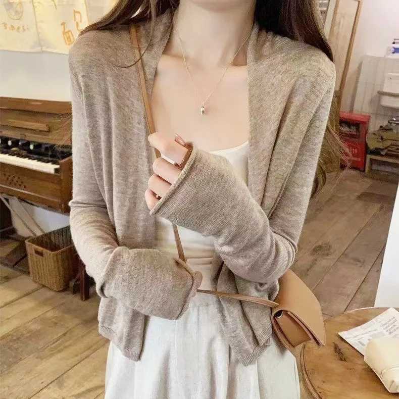 Korean Style Womens Fling Knitted Cardigan Summer Thin Air Conditioning Shirt Versatile Solid Color Basic Sun Protection Jacket X250724