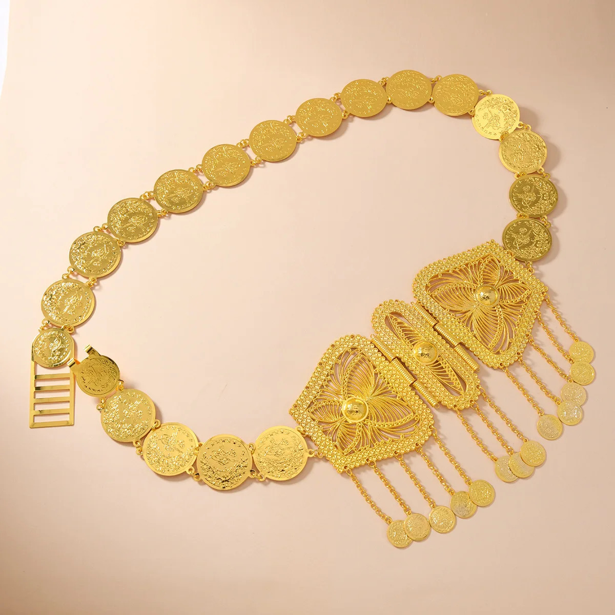 Cross-border Middle East waist jewelry fashionable gold alloy hollow carved coins tassel waist chain clothing accessories 250722