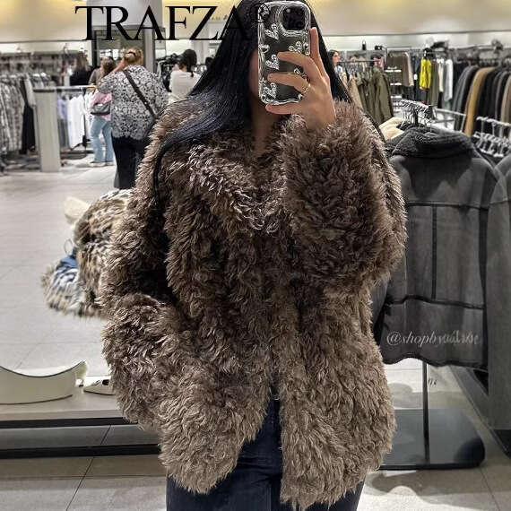 TRAFZA SHEIN Autumn Faux Fur Mid-Length Coat Women's Clothing B5