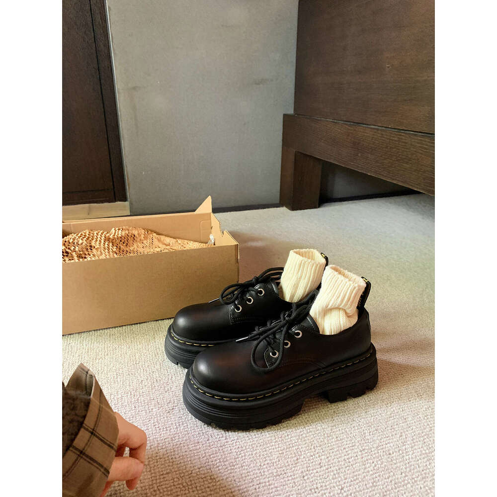 Designer British Style Women's Comfortable Thick-Soled Large-Toe Shoes with Front Lace-Up for Petite Height Increase Loafers