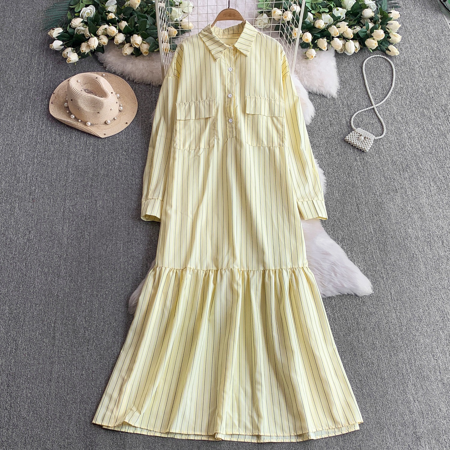 D3180 Summer Large Size Striped Lapel Long Sleeve Shirt Dress Women's New Single-Breasted Design Pleated