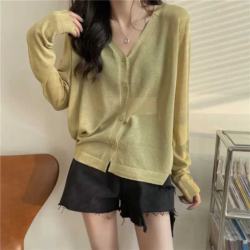 2024 Korean Simple Style Comfortable Ice Silk Thin Knitwears Solid V Neck Long Sleeve Slim Fit Button Cardigan X250724