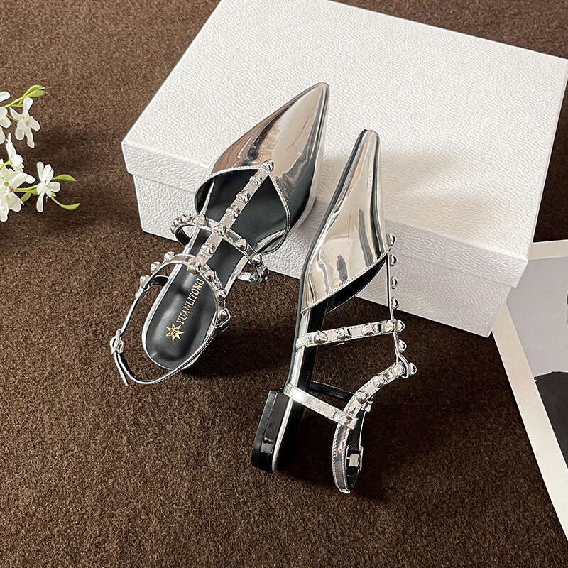 Warren 2025 Autumn New Fashion Closed-Toe Sandals Elegant Rivet Strap Pointed Toe Single Shoes for Women Summer Outdoor Wear