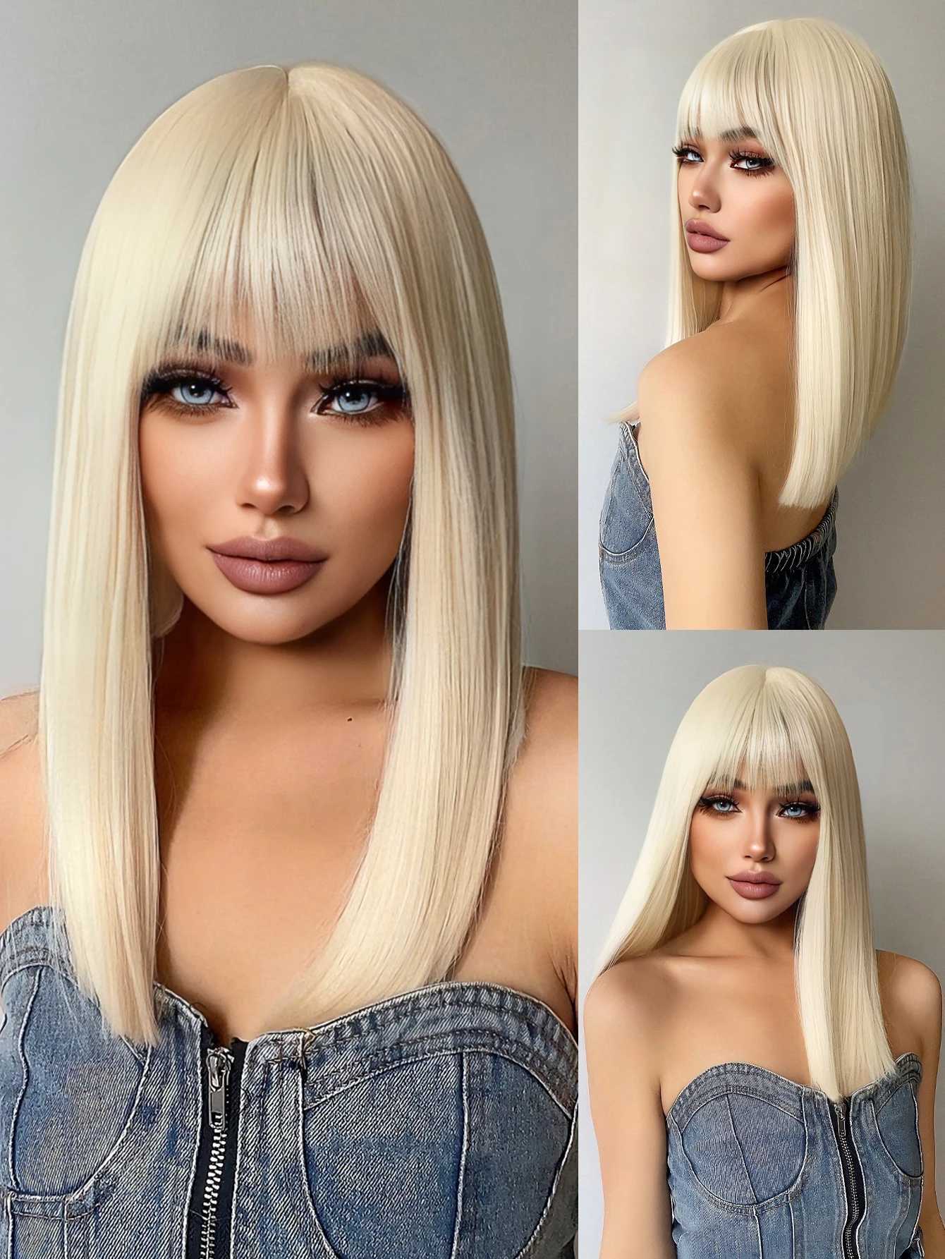 18Inch Platinum Blonde Synthetic Wigs With Bang Long Natural Straight Hair Wig For Women Daily Use Cosplay Party Heat Resistant G250915