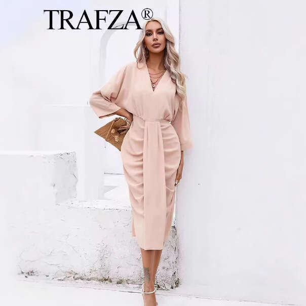 TRAFZA Spring New V-Neck Slim Pleated Dress B5