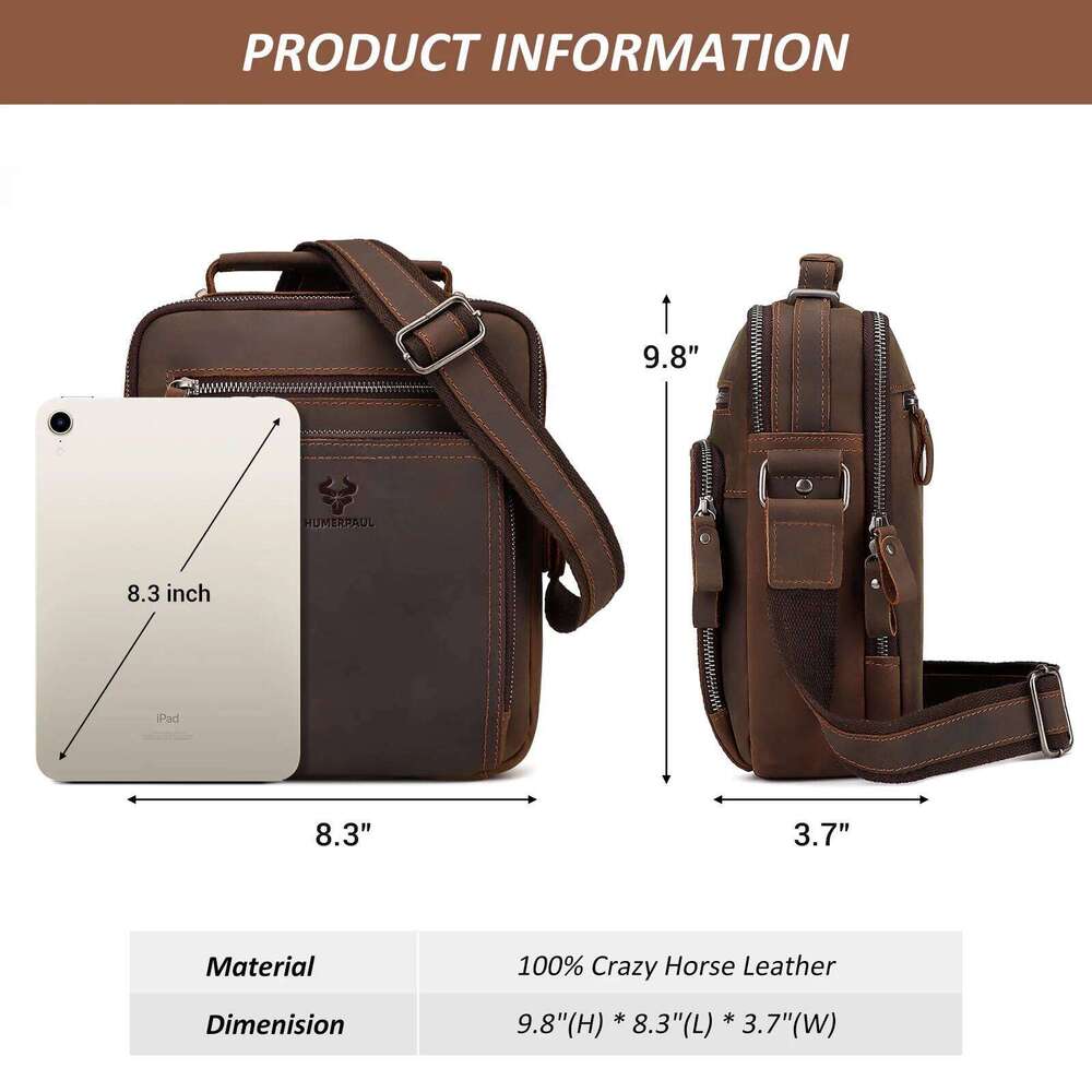 Crazy Horse Leather Men's Shoulder Bag Vintage Crossbody Man Casual Office Messenger Bags forWork Business Travel Handbag