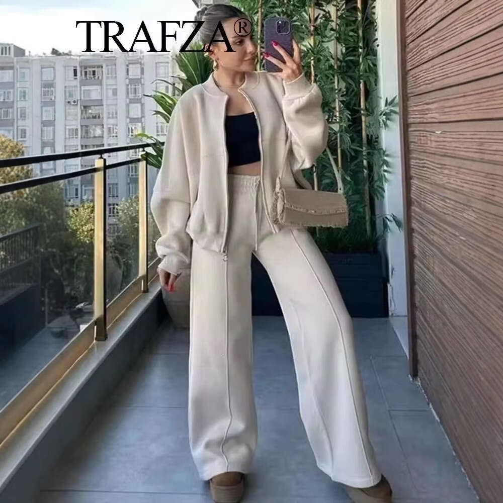 TRAFZA Women's INS Zipper Bomber Jacket Sweatshirt Elastic Waist Pants Set B5