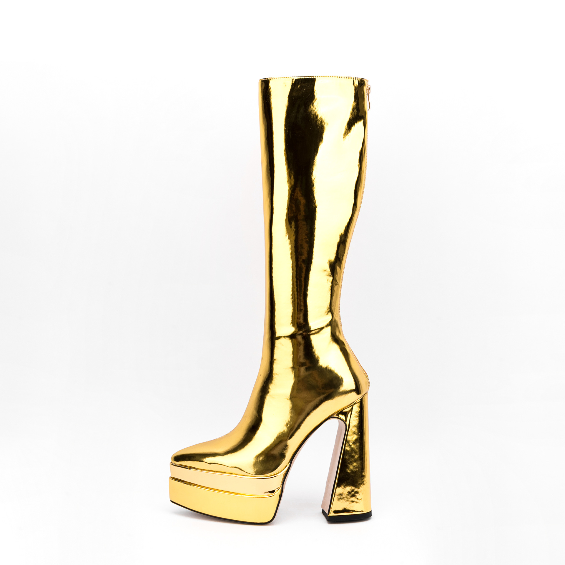 Women's 15cm Extreme Height Knee-High Boots - Patent Leather Pointed Toe, Double Platform Chunky Heel(Color can be customized)