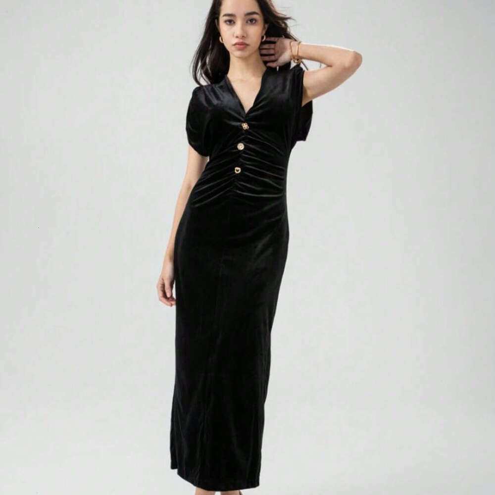 TRAFZA Spring New V-Neck Ruched Waist Slim Elegant Velvet Dress B5