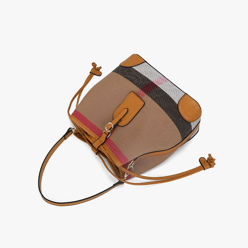 Fashion Canvas Plaid High-End Drawstring Bucket Bag New Women's Handbag Single Shoulder Crossbody