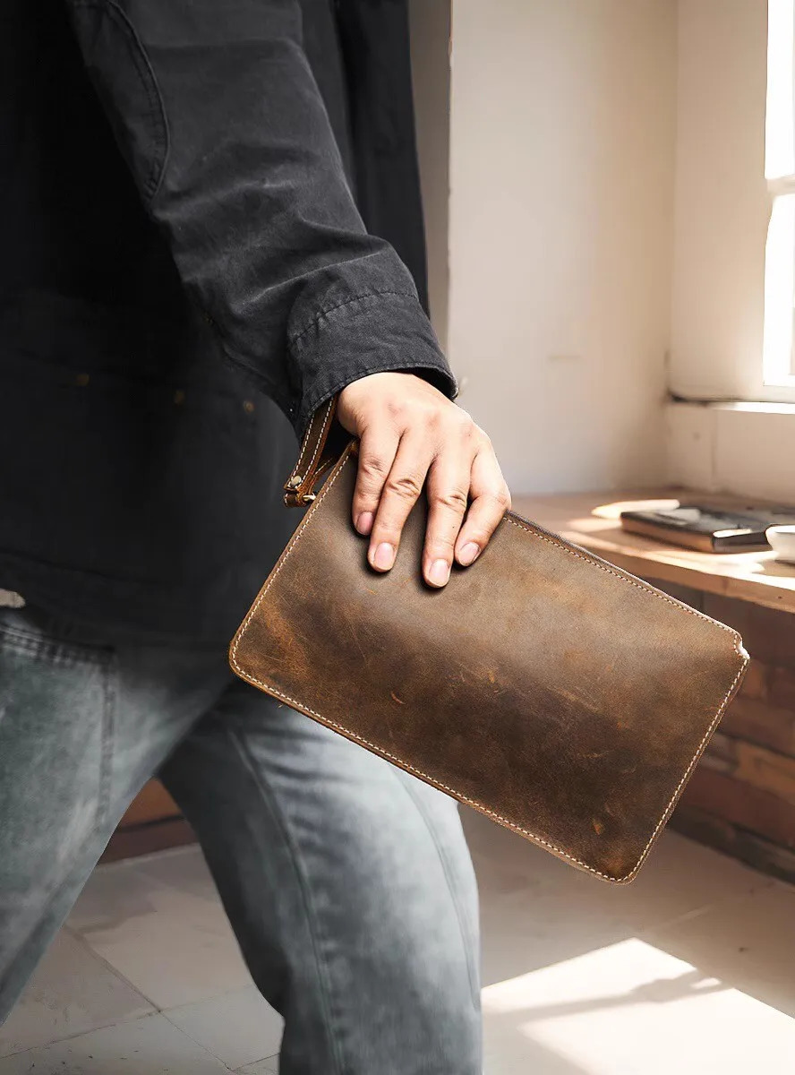 NUPUGOO Mens Clutch Genuine Leather Envelope Bag Cell Phone Large Capacity Casual Large Capacity Clutch Bag Cowhide 250723