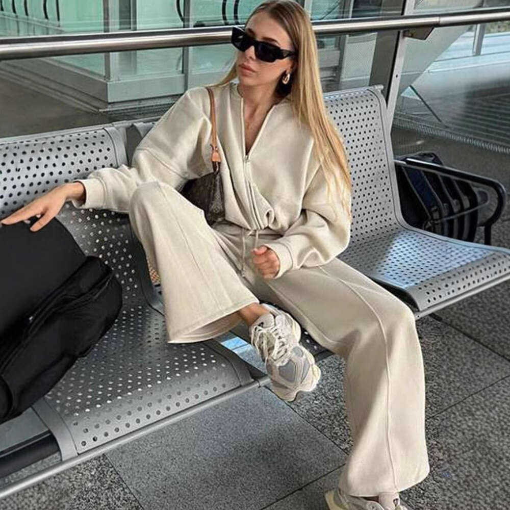 TRAFZA Women's INS Zipper Bomber Jacket Sweatshirt Elastic Waist Pants Set B5