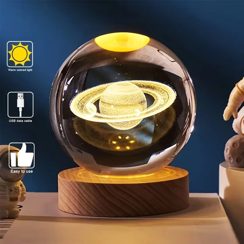 Luminous Crystal Ball LED Night Light Solar System 3D Moon Table Lamp USB Bedroom Atmosphere for Birthday Kid Gift 250716