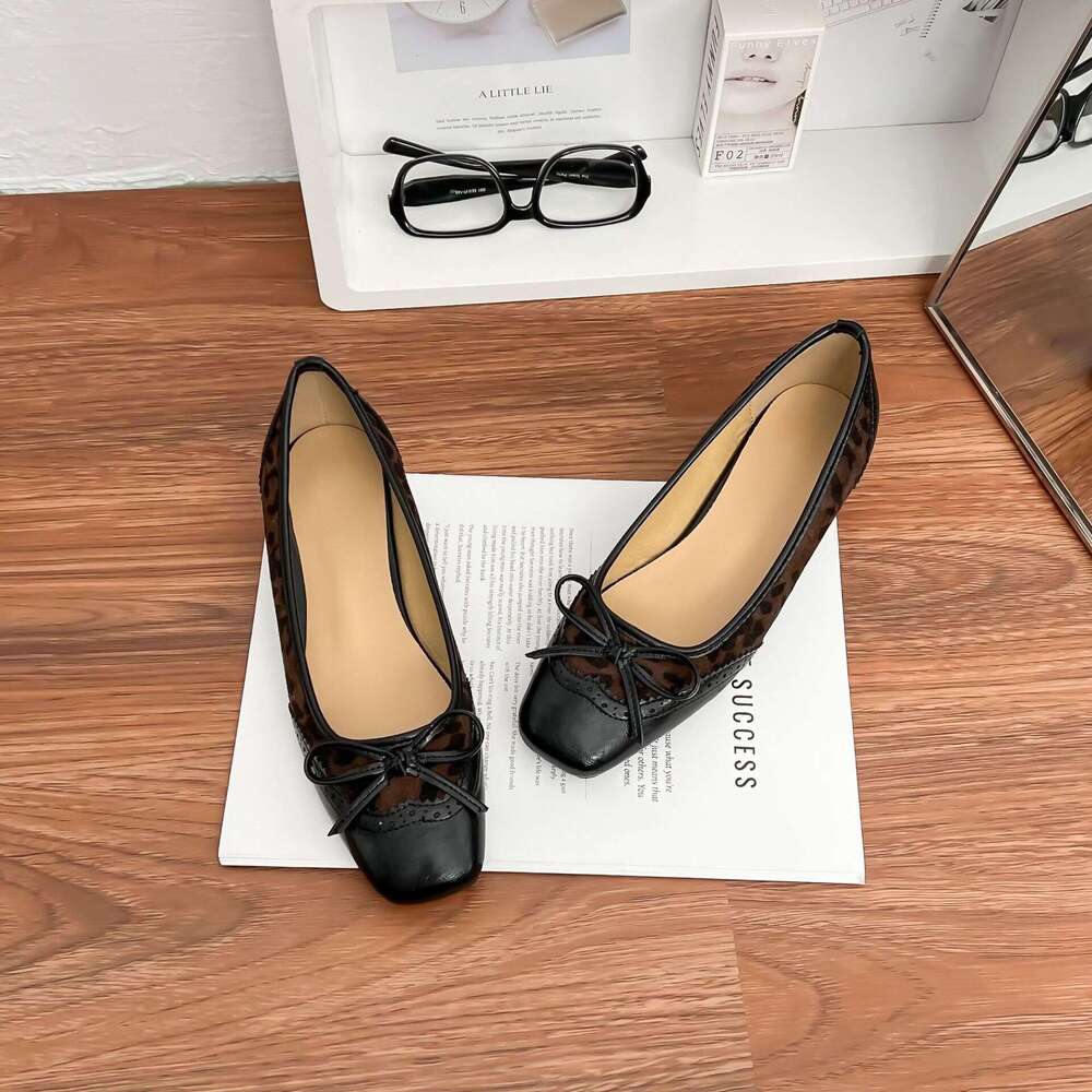 Designer Women's Single Shoes with Bowknot, Leopard Print Patchwork, Shallow Mouth, Daily Versatile Comfortable Soft Sole High Heels