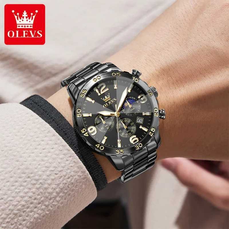 OLEVS Men Watch Black Stainless Steel Waterproof Luminous Moon Phase Digital Dial Original Quartz Movement Wristwatch 3678 W250724