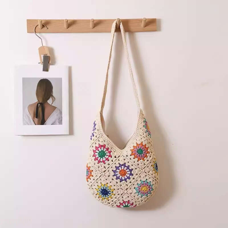 New Summer Artistic Woven Handmade Cotton Thread Vacation Beach Shoulder Tote Women's Straw Bag