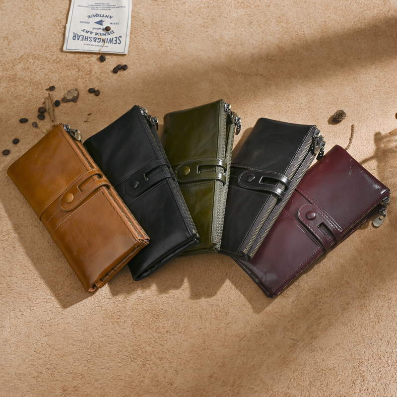 Free Shipping Designer Package Oil Wax Leather Long Wallet Cowhide Wallet Anti Magnetic Card Clip Genuine Leather Coin Wallet