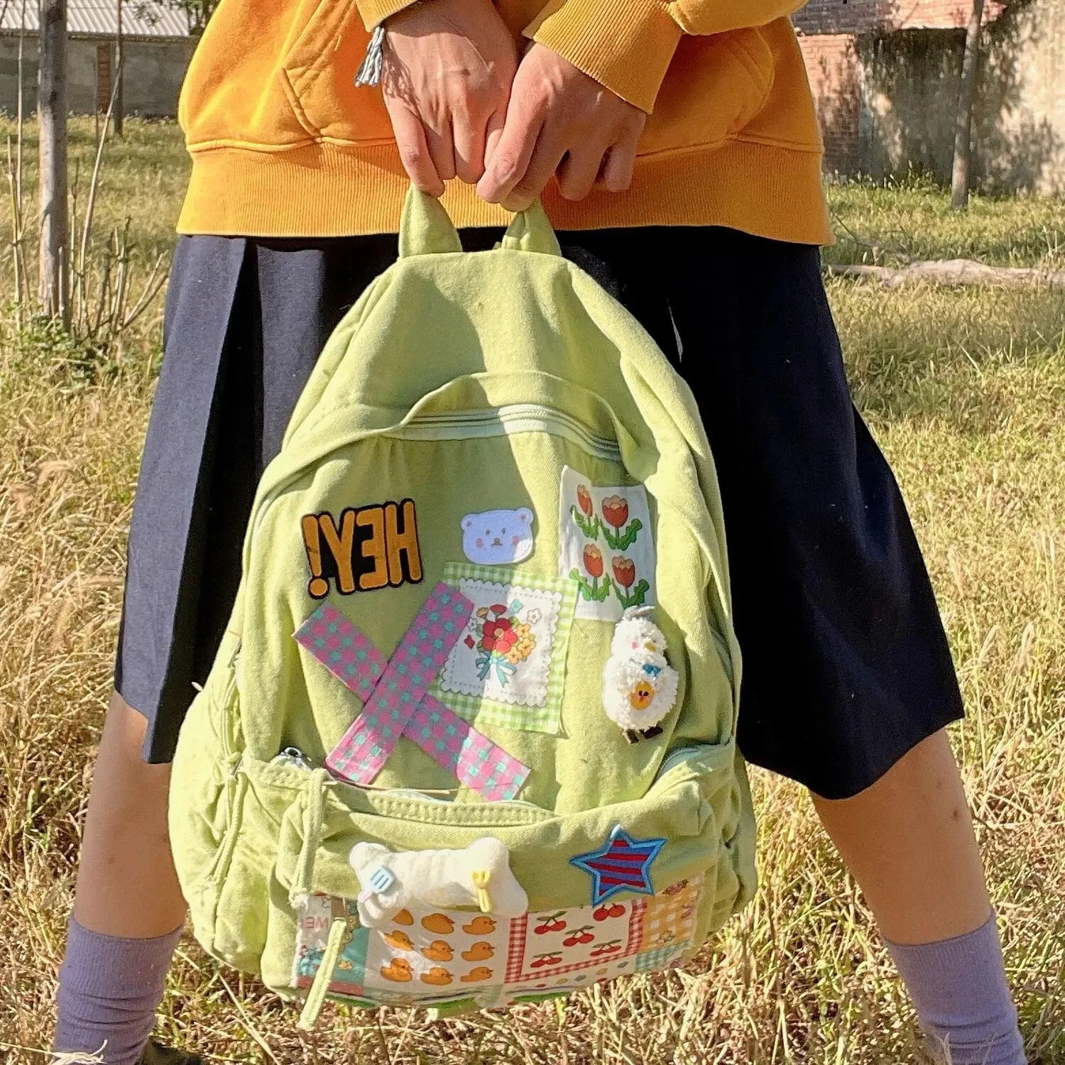 American Retro Cartoon Cute Stickers Canvas Kawaii Backpack High Capacity Student Bag Storage Bag Travel Backpack School Bag 250723
